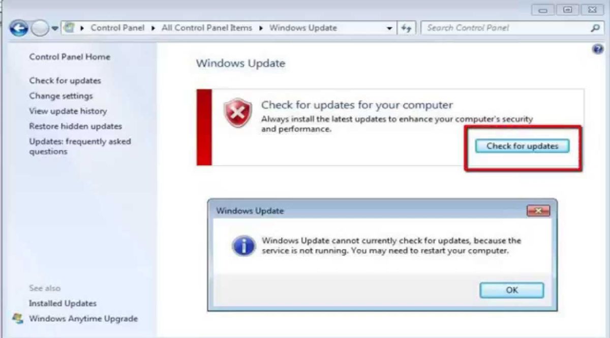 windows update service not running